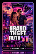 A digital code product graphic for Grand Theft Auto VI, featuring a smartphone-style frame around a colorful neon city collage with two people in the center, helicopters, a motorcycle, cars, money, and the text 'GRAND THEFT AUTO VI' and 'DIGITAL CODE'.
