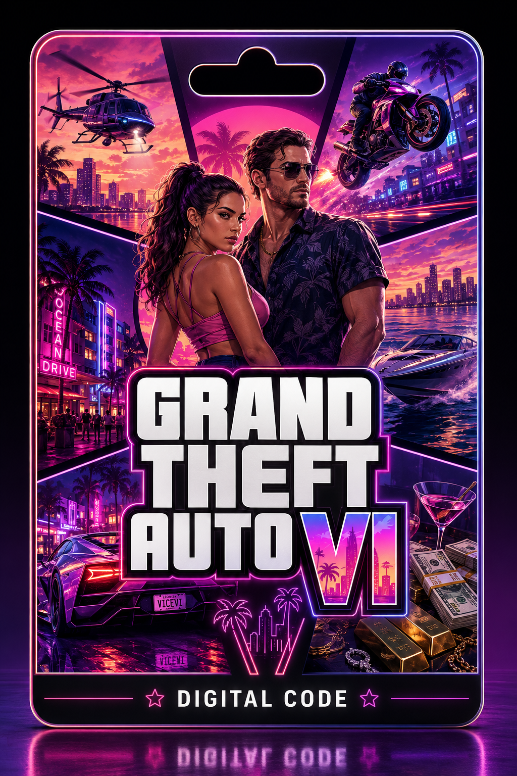 A digital code product graphic for Grand Theft Auto VI, featuring a smartphone-style frame around a colorful neon city collage with two people in the center, helicopters, a motorcycle, cars, money, and the text 'GRAND THEFT AUTO VI' and 'DIGITAL CODE'.