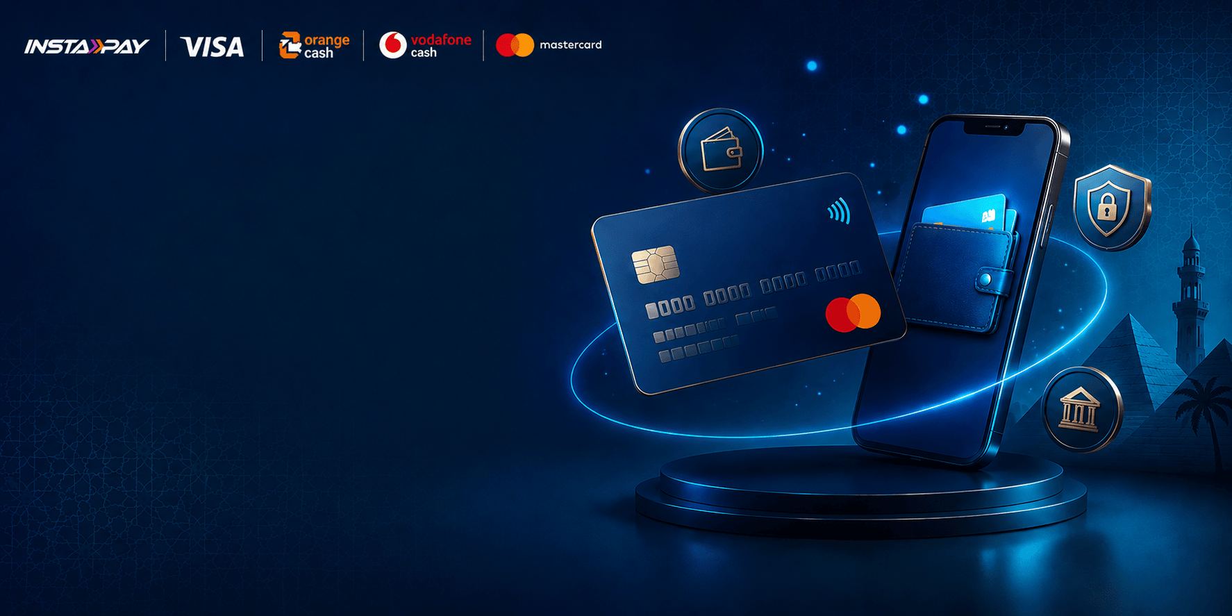 Smartphone with a credit card and security icons on a dark blue background, featuring payment logos.