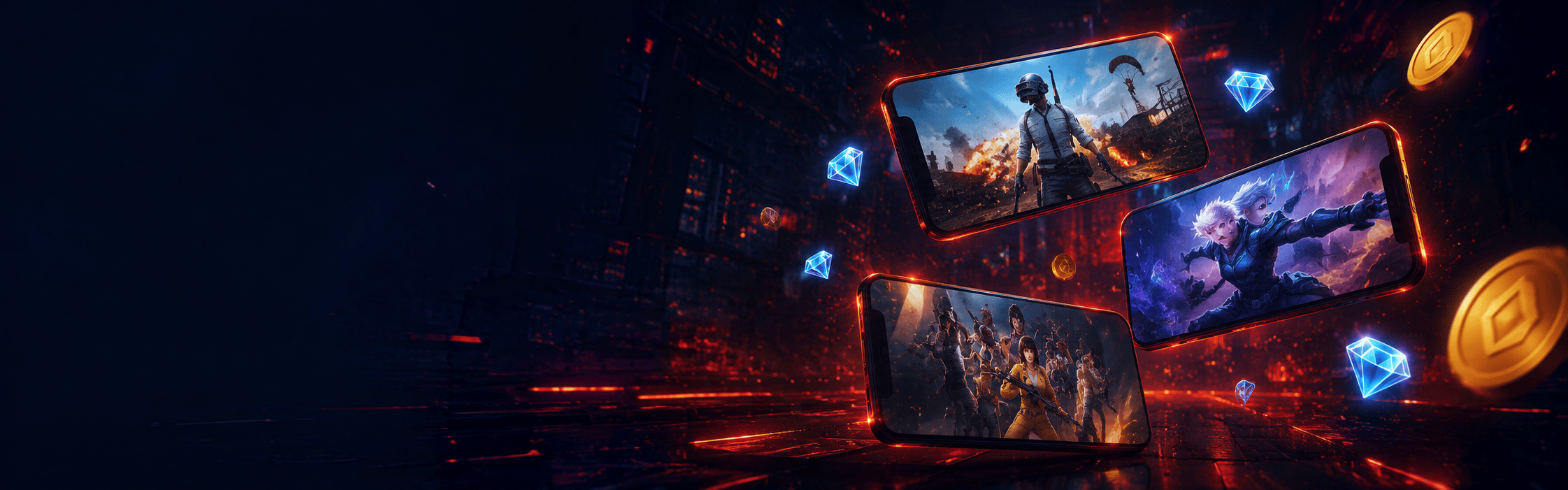 Three smartphones displaying different scenes on a dark background with glowing elements.