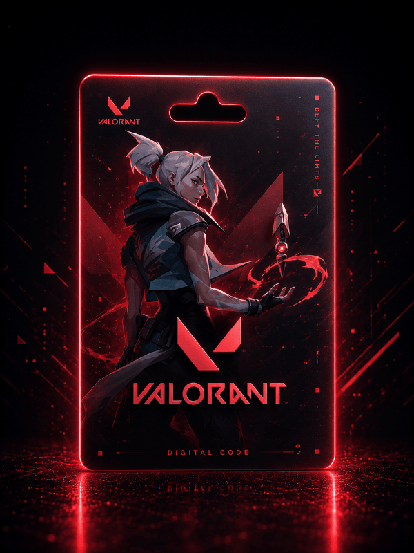 Valorant digital code card with character illustration on a dark background
